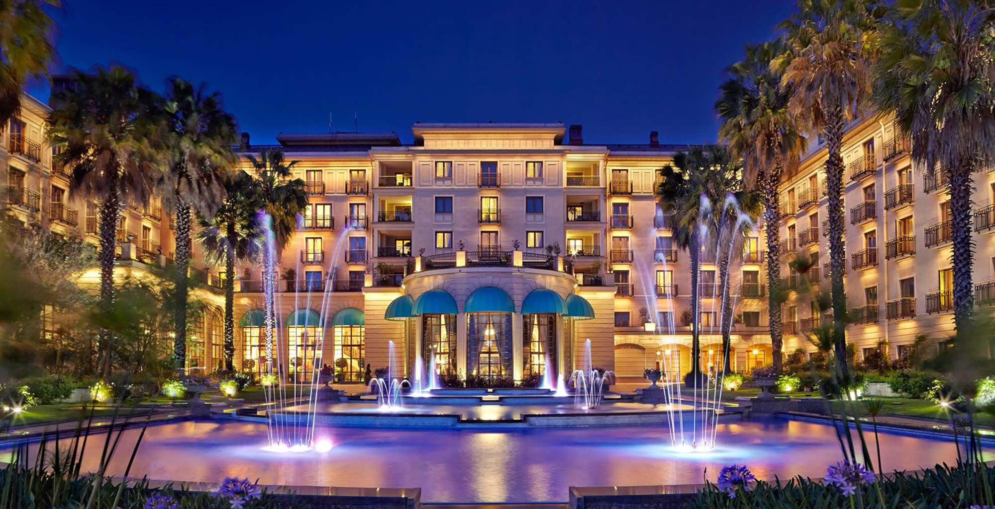 Luxury hotel facade at night